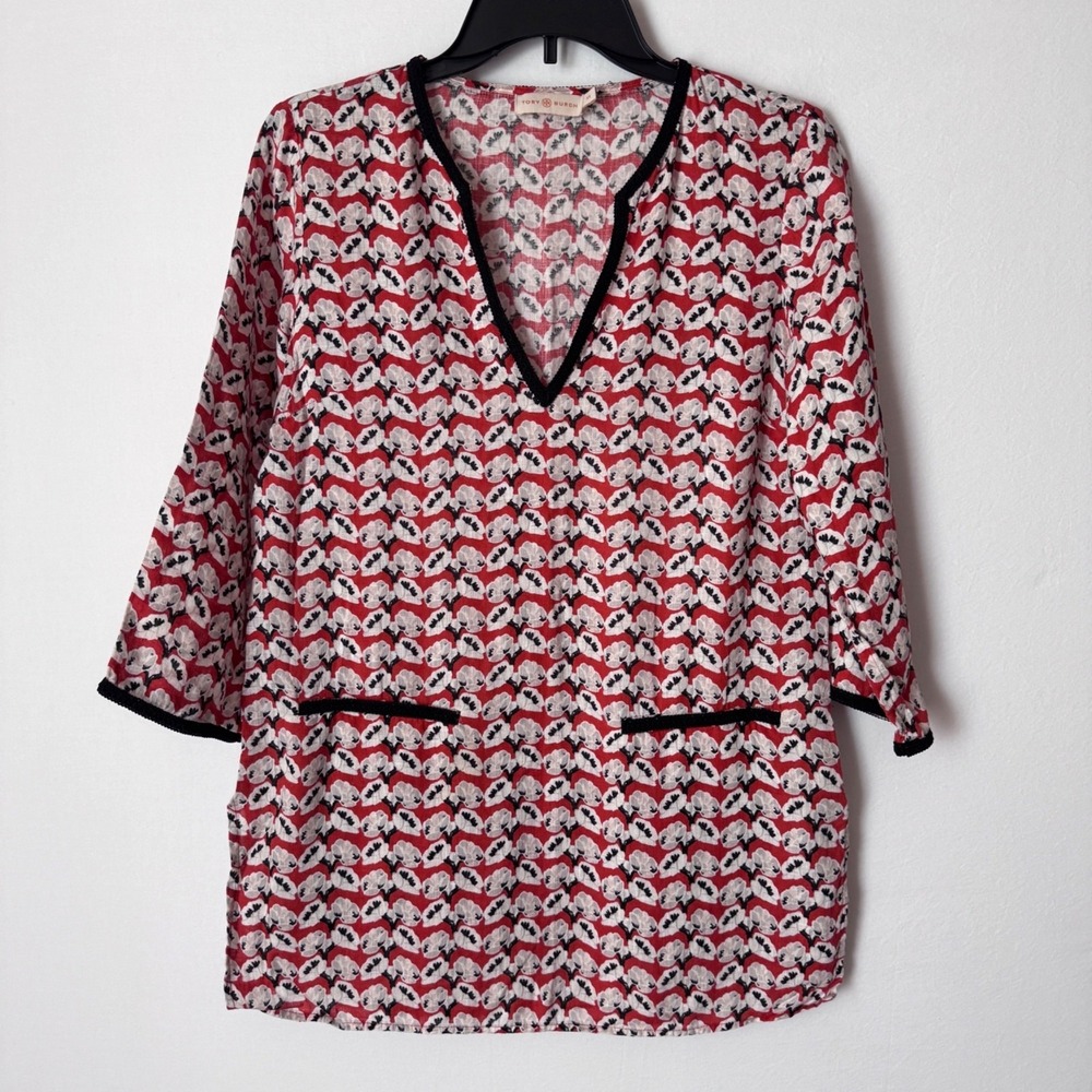 Tory Burch Tunic Floral Linen Women XS Red White Trim Coastal
